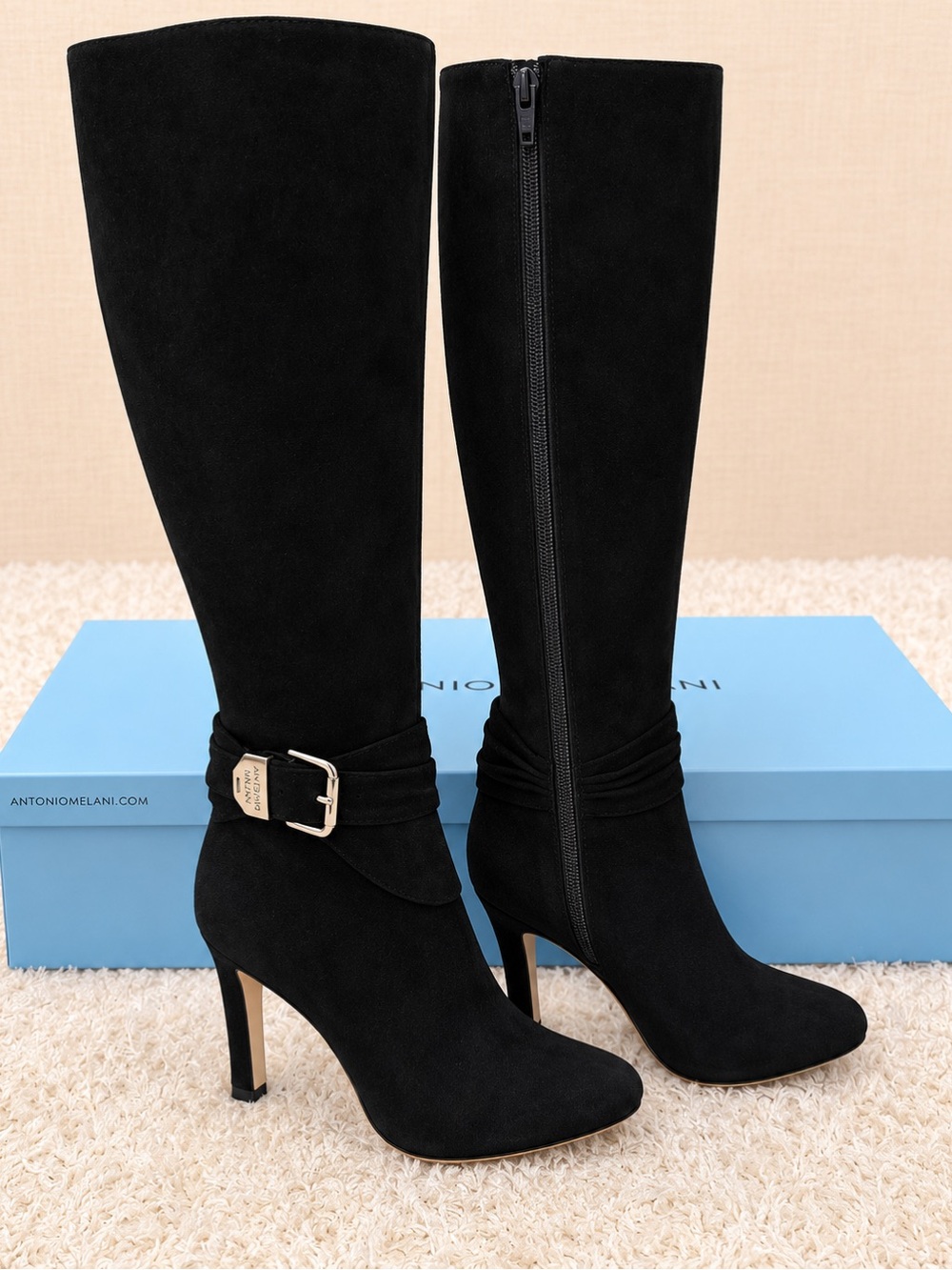 ANTONIO MELANI Black Suede Tall Knee High High Heeled Boots Size 7